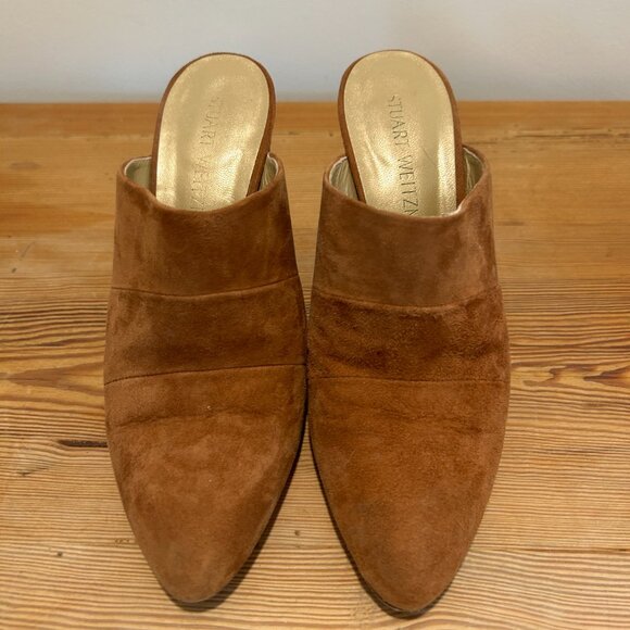 Stuart Weitzman Camel Suede Block Heel Mules | Leather Soles | Made in Spain - Picture 1 of 9